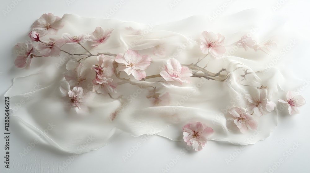 Delicate pink flowers on soft fabric create an elegant, serene composition. Delicate pink flowers on soft fabric create an elegant, serene composition.