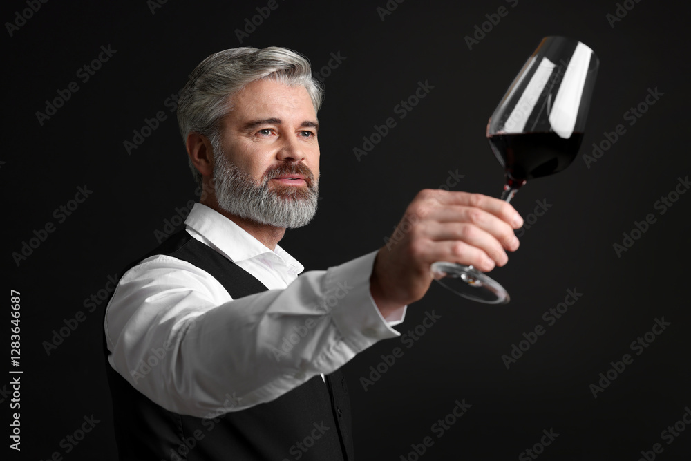 Professional sommelier analyzing quality of red wine on black background Professional sommelier analyzing quality of red wine on black background