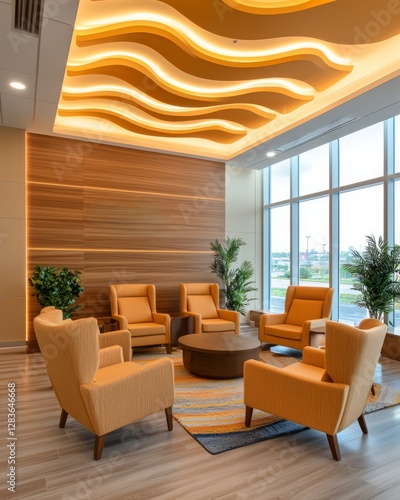 Wallpaper Mural Acoustic ceiling sound absorb. A modern lounge area featuring stylish yellow chairs, a round table, natural lighting, and decorative plants against a wooden wall. Torontodigital.ca