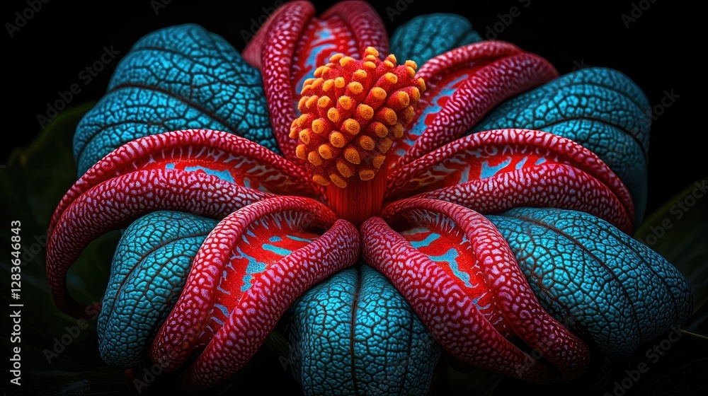 Fototapeta premium Vibrant exotic flower closeup, dark background, nature photography, botanical illustration