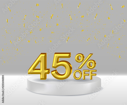 3D renders golden text 45% off podium with white background.