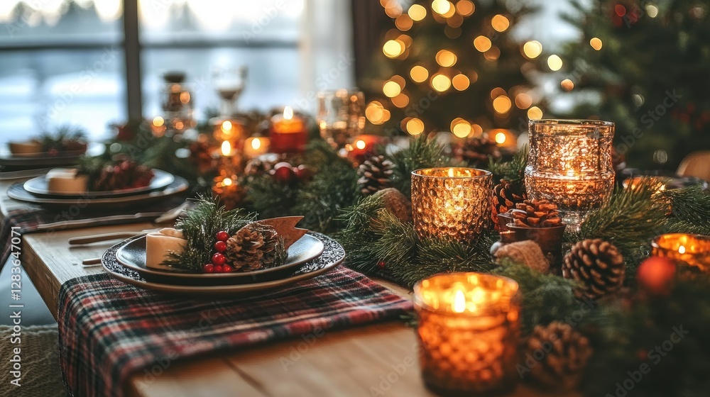 Festive Christmas table setting, cozy home, warm lights, winter scene, holiday dinner Festive Christmas table setting, cozy home, warm lights, winter scene, holiday dinner