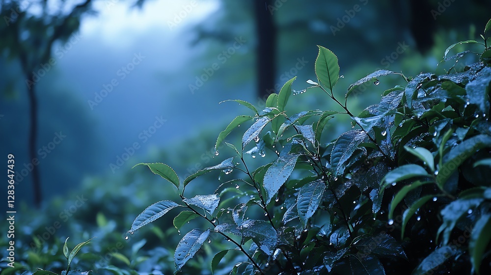 Fototapeta premium Tea Leaves After Rain with Water Droplets in Misty Forest Setting