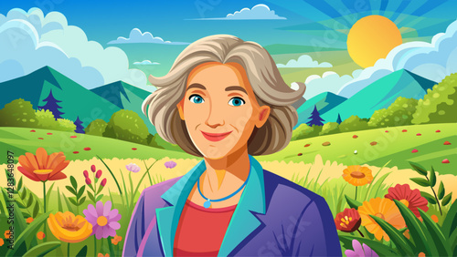 Happy mature woman portrait in middle of beautiful nature field with copy space