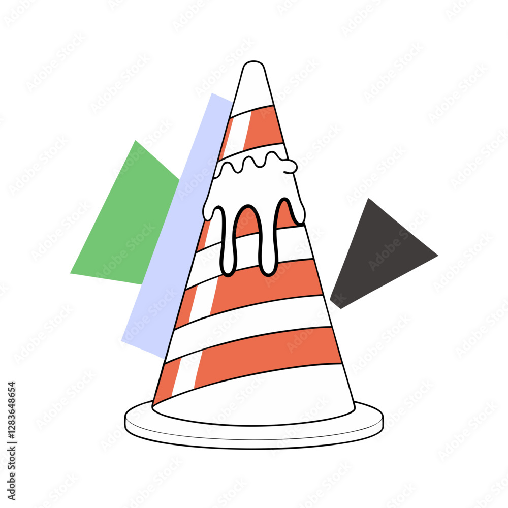 A surreal melting ice cream cone resembling a traffic cone, with abstract geometric elements. Modern and playful vector illustration. A surreal melting ice cream cone resembling a traffic cone, with abstract geometric elements. Modern and playful vector illustration.