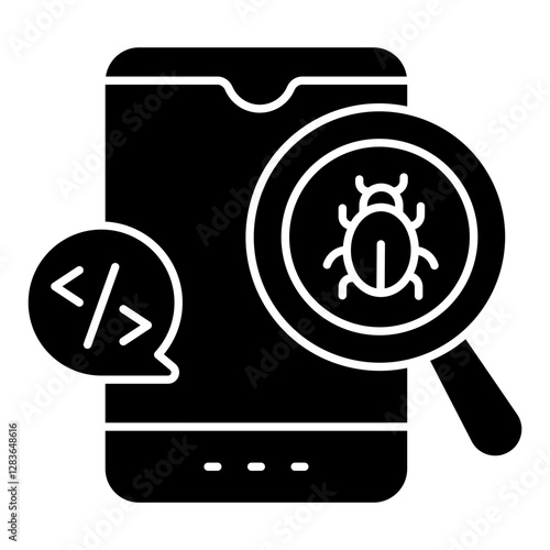 Virus under magnifying glass, debugging icon
