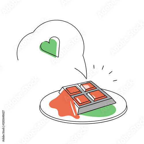 A minimalist chocolate bar melting on a plate with abstract sauce and a heart-shaped thought bubble. Modern and creative vector illustration.