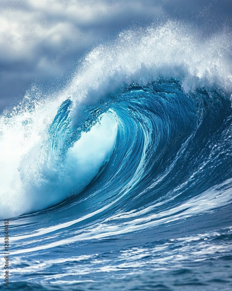 Obraz premium Ocean's Embrace: A towering, majestic wave curls and crashes with raw power, its turquoise depths illuminated under a dramatic, stormy sky. Witness the raw power and beauty of the ocean's artistry.