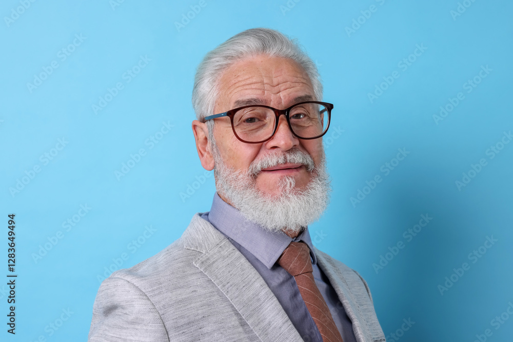Portrait of senior man with gray beard on light blue background Portrait of senior man with gray beard on light blue background