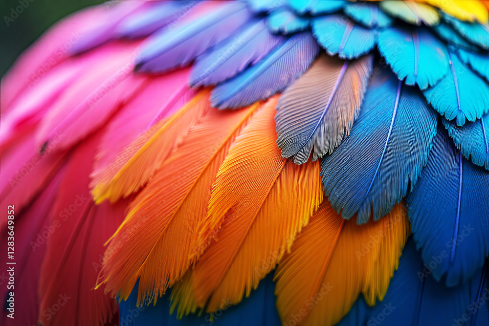 Obraz premium Colorful blue-pink-yellow-orange shades shimmering bird feather