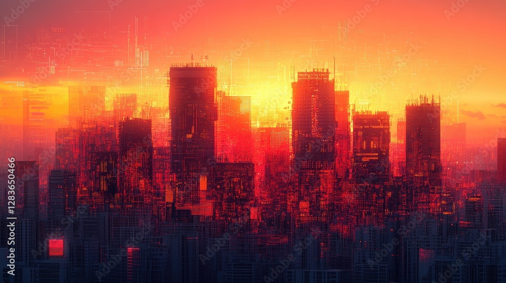 Cyberpunk city skyline at sunset. Possible use Digital art stock photo Cyberpunk city skyline at sunset. Possible use Digital art stock photo
