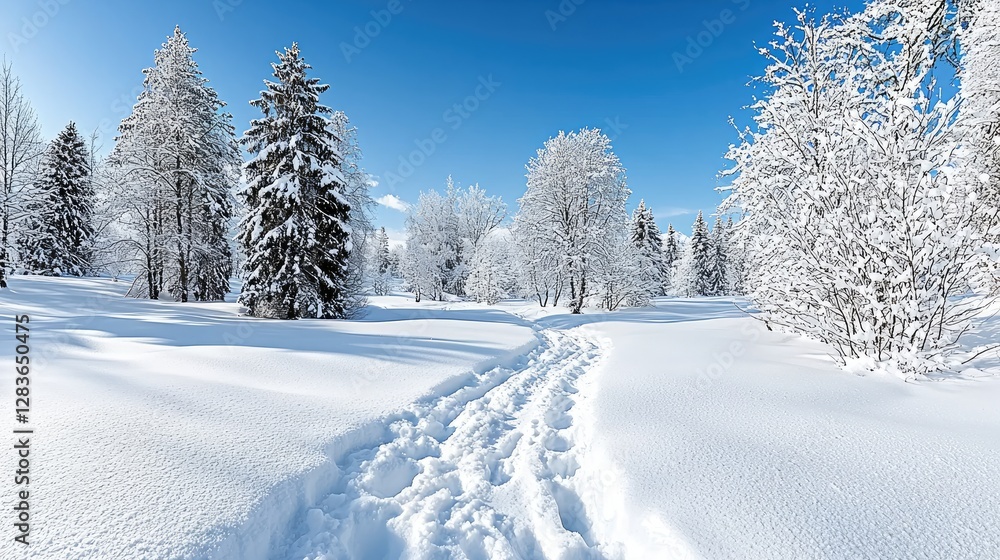 Snowy winter path through frosted forest Snowy winter path through frosted forest