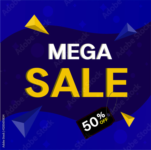 50 percent discount. Discount on creative composition. 3d mega sale 50% symbol with decorative objects. Sale banner and poster. Vector illustration.