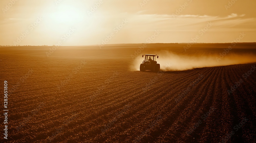 Fototapeta premium Tractor Working on Farm Field at Sunset with Dust and Golden Light