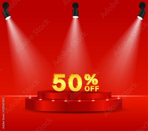 50% discount on gold. 3D golden numbers. Podium with red background and reflective lights.