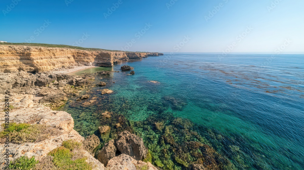 Fototapeta premium Rocky Coastline and Clear Turquoise Ocean Under a Bright Blue Sky