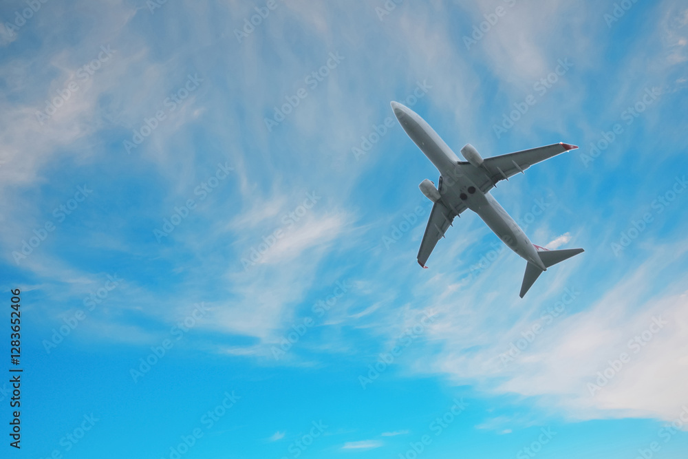 Airplane flying in beautiful blue sky with clouds Airplane flying in beautiful blue sky with clouds