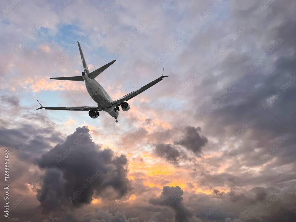 Airplane flying in beautiful sky with clouds at sunset Airplane flying in beautiful sky with clouds at sunset