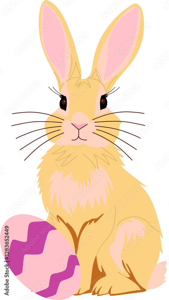 Fototapeta premium Cute Easter Bunny with pastel eggs and spring flowers. Perfect for holiday cards, decorations, and festive designs. Cheerful and whimsical illustration for Easter-themed projects.