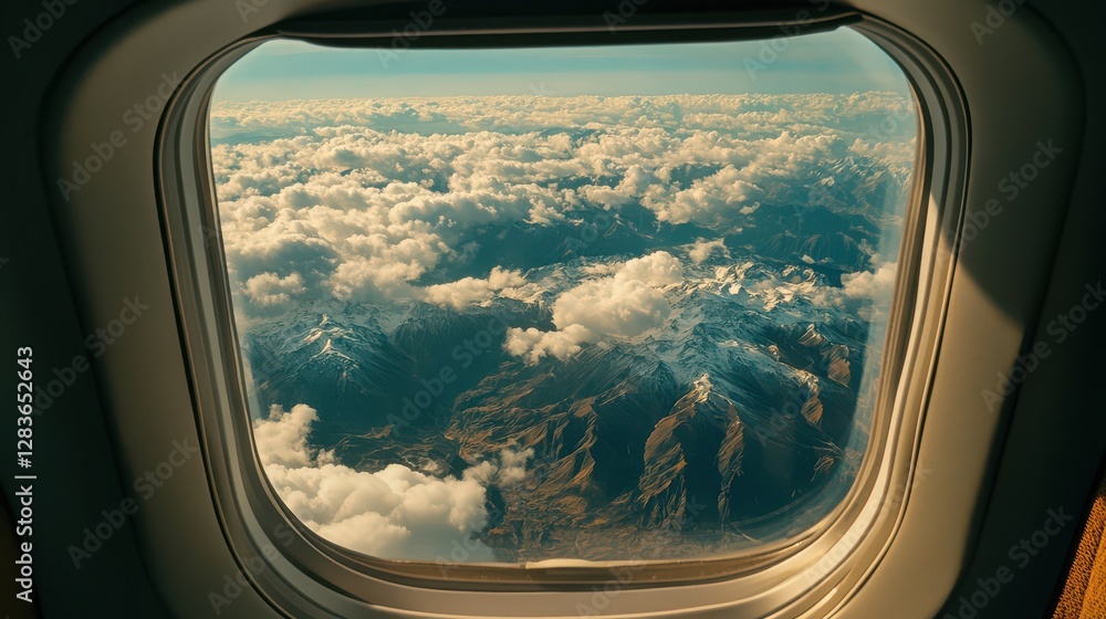 Obraz premium Aerial View: Airplane Window Shows Snow-Capped Mountains Soaring Above Fluffy Cloudscape