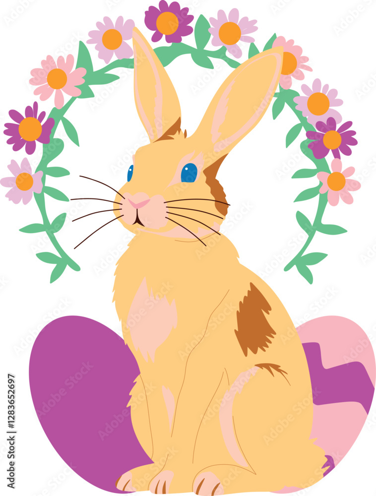 Obraz premium Cute Easter Bunny with pastel eggs and spring flowers. Perfect for holiday cards, decorations, and festive designs. Cheerful and whimsical illustration for Easter-themed projects.