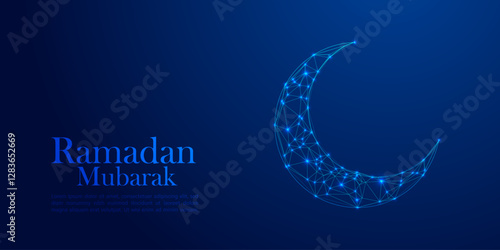 Low Poly Ramadan Mubarak Crescent Moon Illustration with Blue Glowing Geometric 3D Artwork Holy Time