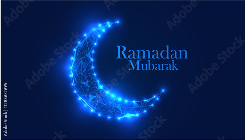 Low Poly Ramadan Mubarak Crescent Moon Illustration with Blue Glowing Geometric 3D Artwork Holy Time