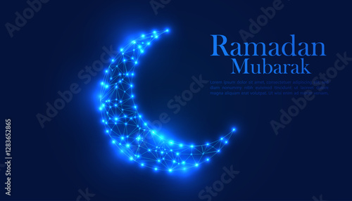 Low Poly Ramadan Mubarak Crescent Moon Illustration with Blue Glowing Geometric 3D Artwork Holy Time