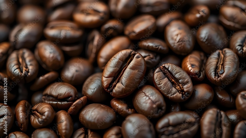 Macro of Coffee Beans with Rich Texture and Glossy Oils