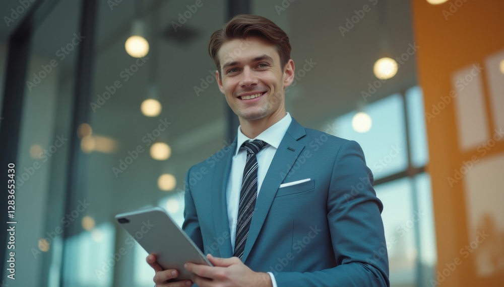 Confident young professional in tailored suit holding tablet outside modern office building at sunset Confident young professional in tailored suit holding tablet outside modern office building at sunset