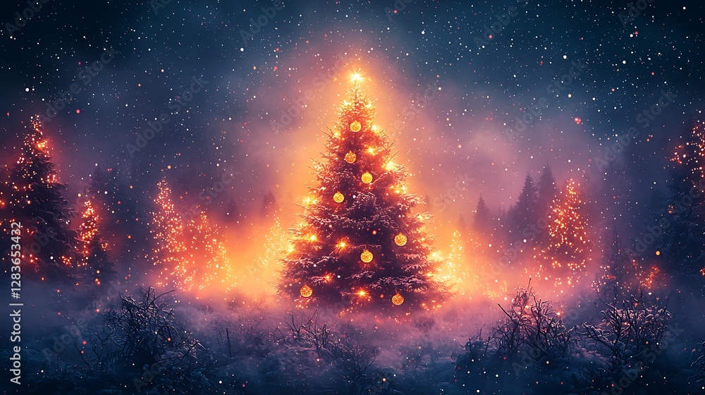 Naklejka premium Illuminated Christmas Tree In A Snowy Winter Forest