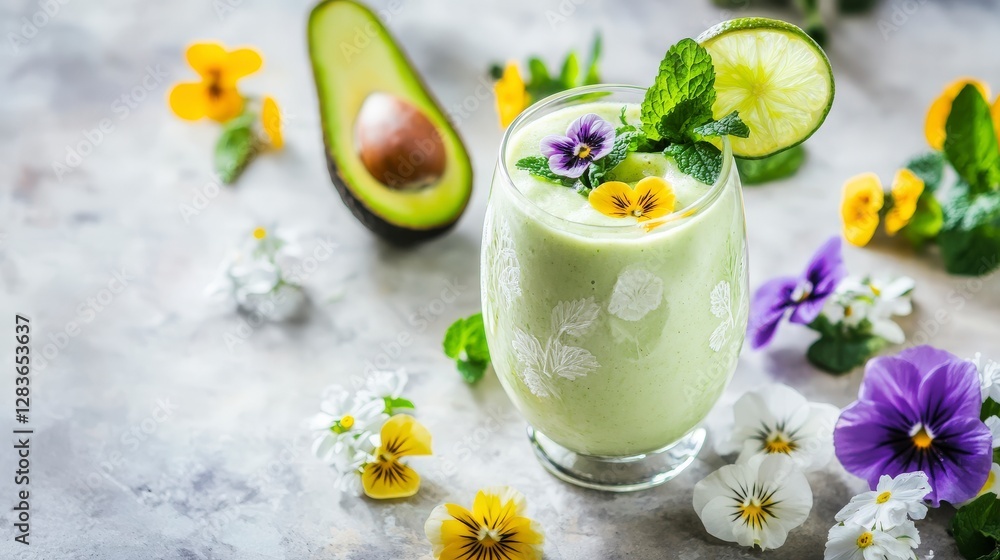 Avocado Lime Smoothie with Edible Flowers - A Refreshing and Healthy Drink Avocado Lime Smoothie with Edible Flowers - A Refreshing and Healthy Drink