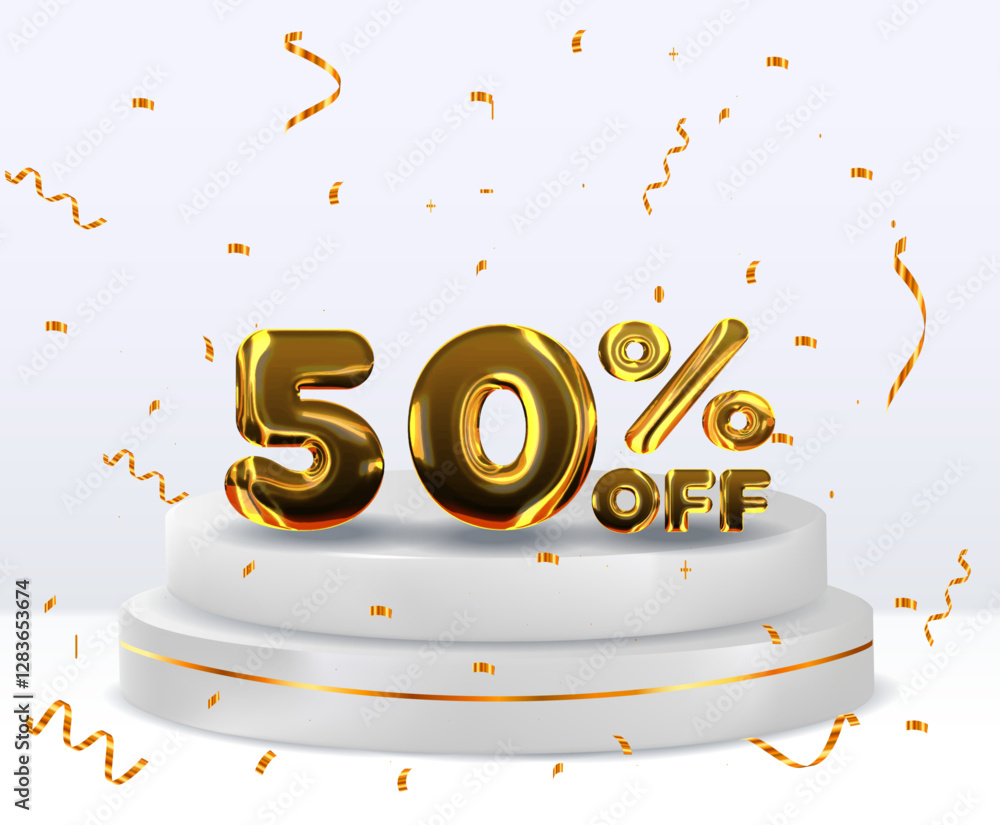 50% off discount sale fund. 3D golden numbers. 50% discount on 3D. with percentage sign. Promotion template design.