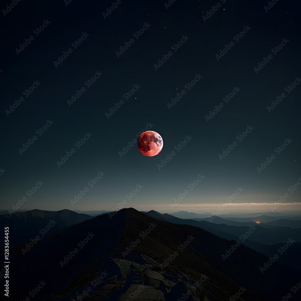 A stunning red moon appears in the evening sky as the sun sets over a rugged mountain peak, casting an ethereal glow. A stunning red moon appears in the evening sky as the sun sets over a rugged mountain peak, casting an ethereal glow.
