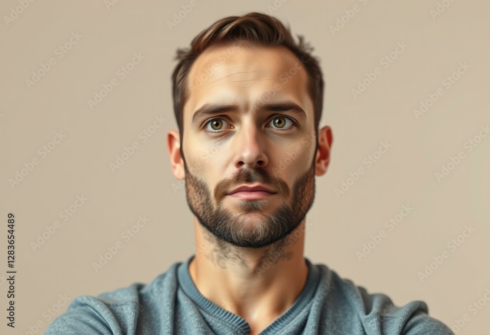 Obraz premium Photorealistic portrait of a man with a thoughtful stubble look