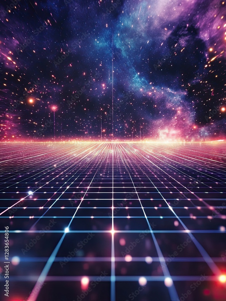 Obraz premium Celestial Grid: An artistic representation of a grid-patterned plane stretching towards a nebula-filled night sky with glowing particles. It depicts an otherworldly atmosphere.