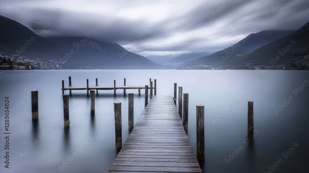 Serene Lakeside Pier on a Misty Morning: A Tranquil Mountain Lake Scene Serene Lakeside Pier on a Misty Morning: A Tranquil Mountain Lake Scene