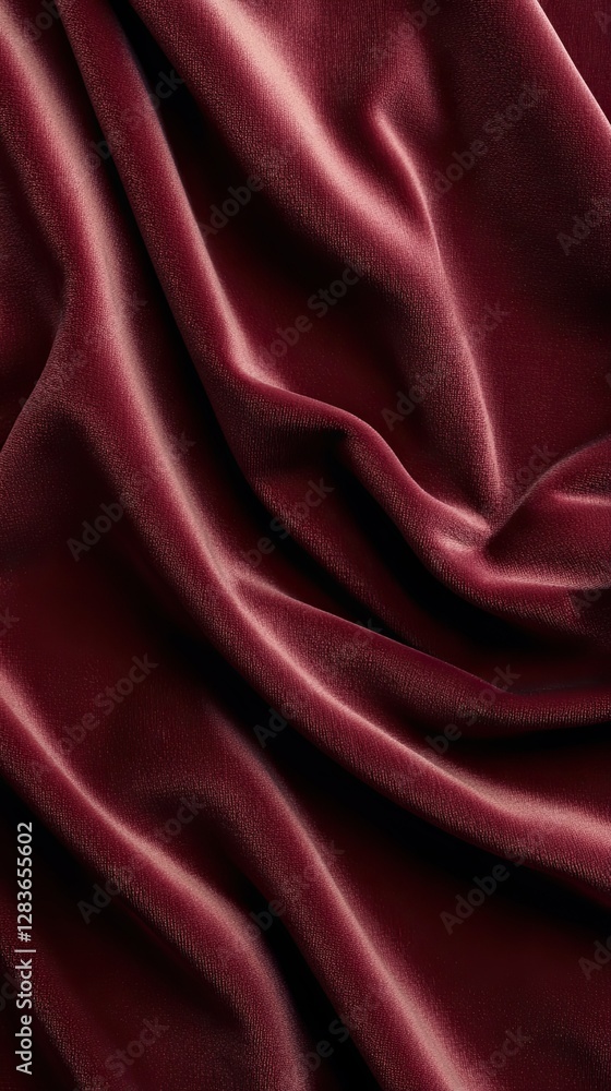 Fototapeta premium Velvet Waves: Luxurious, dark red velvet fabric, draped in soft folds, creating a tactile and visually rich display, suggesting opulence and elegance.