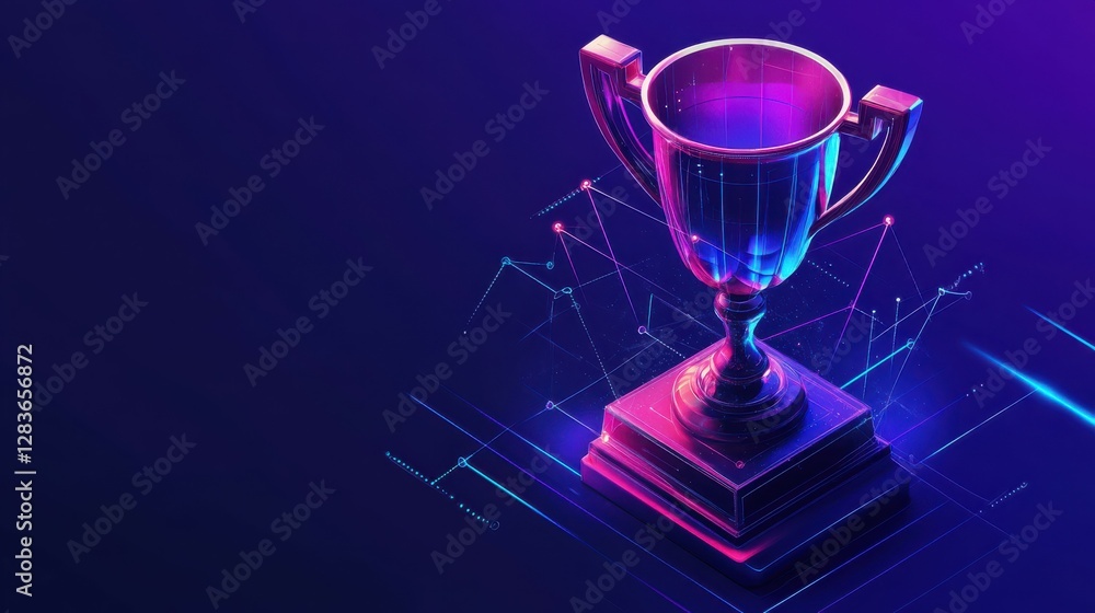 Futuristic digital trophy with data visualization on gradient background