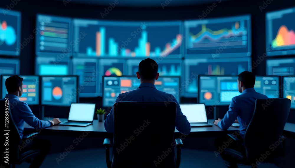 Three people in shirtsleeves sit in front of large monitors and look at charts. Financial department for market and securities analytics. Three people in shirtsleeves sit in front of large monitors and look at charts. Financial department for market and securities analytics.