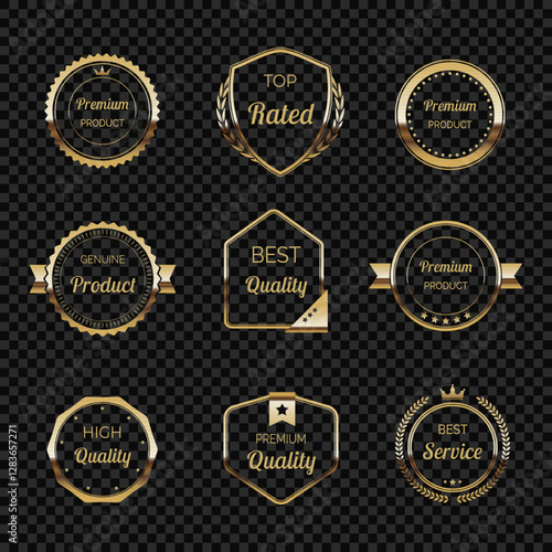 Premium gold label set with shiny metallic effect. Elegant vector badges for awards and certification. High quality decorative seals and emblems for luxury products