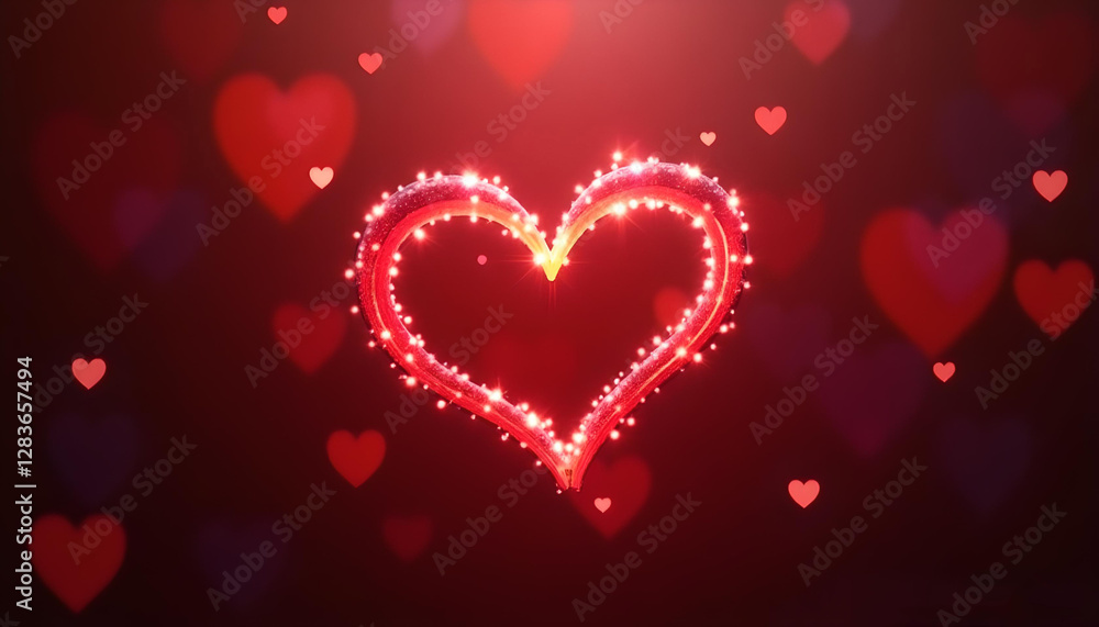 Neon pink heart with lights on a background of small pink hearts. Postcard for romantic relationships. Neon pink heart with lights on a background of small pink hearts. Postcard for romantic relationships.