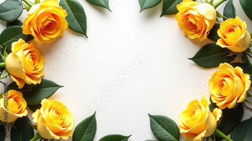 Yellow roses floral border frame on white background with copy space
