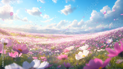 Idyllic Nature Scene with Soft Cosmos Flowers, Dreamy and Romantic Cosmos Flower Landscape