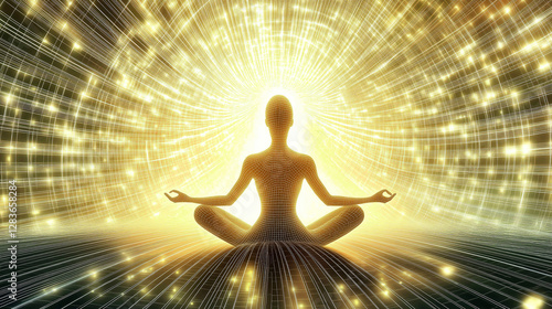 Wireframe human figure meditating in golden energy flow symbolizing devine enlightenment and meta spirituality