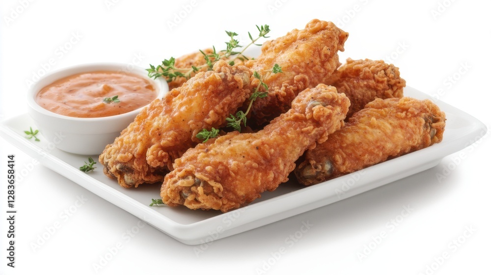 A crispy golden fried chicken drumstick with a side of dipping sauce on a wooden platter. A crispy golden fried chicken drumstick with a side of dipping sauce on a wooden platter.