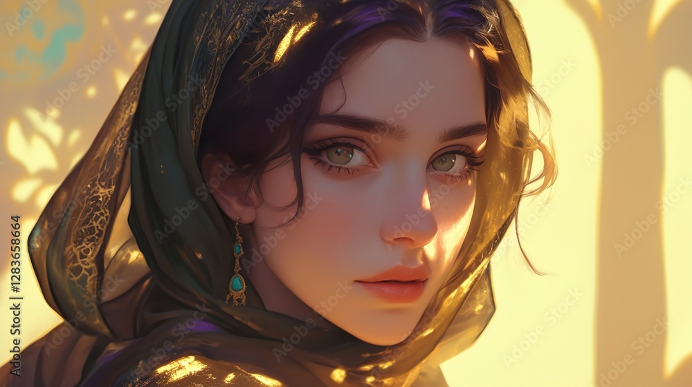 Fototapeta premium Profile portrait of a woman wearing a gold headscarf, with soft lighting creating a sense of serenity and timeless beauty.