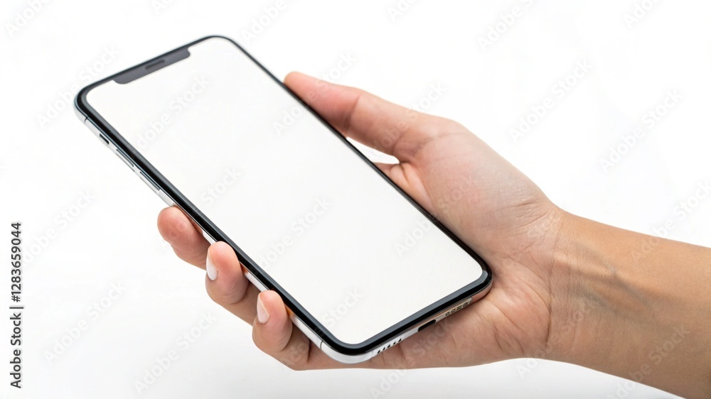 Hand holding mobile phone. Empty smartphone held in a hand with a blank screen showcasing the potential for customization and app development Hand holding mobile phone. Empty smartphone held in a hand with a blank screen showcasing the potential for customization and app development