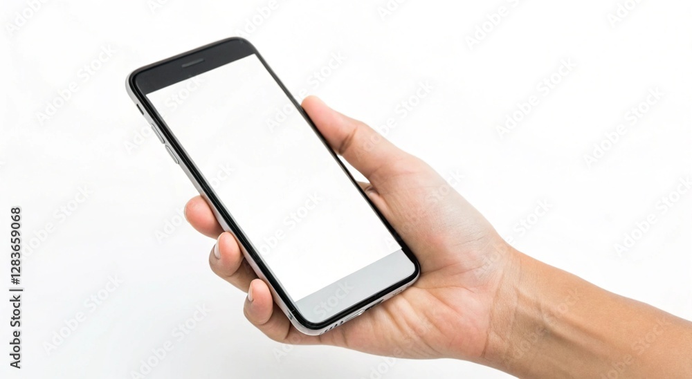 Hand holding smartphone with blank screen against white background ideal for showcasing mobile applications or designs Hand holding smartphone with blank screen against white background ideal for showcasing mobile applications or designs