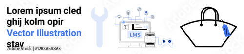 Computer with LMS interface, wrench symbolizing tools, and handbag for shopping. Ideal for e-learning, software tools, e-commerce, retail, digital platforms, innovation flat landing page banner